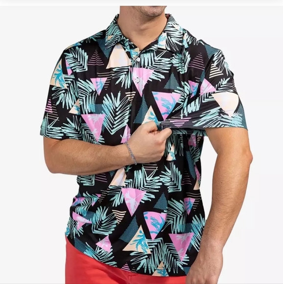 CHRUBBIES The 2 For Tee Performance Polo In Tropical Retro Print. Size Small - Picture 4 of 10